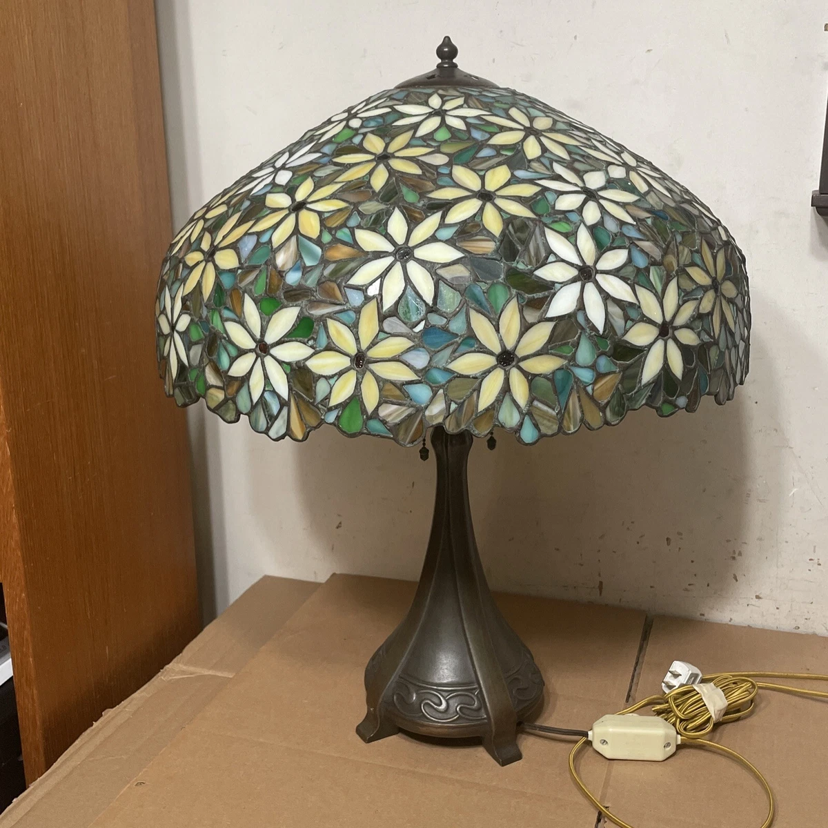 Large Antique Leaded Glass Lamp w Flowers Signed Handel Base Unique Shade