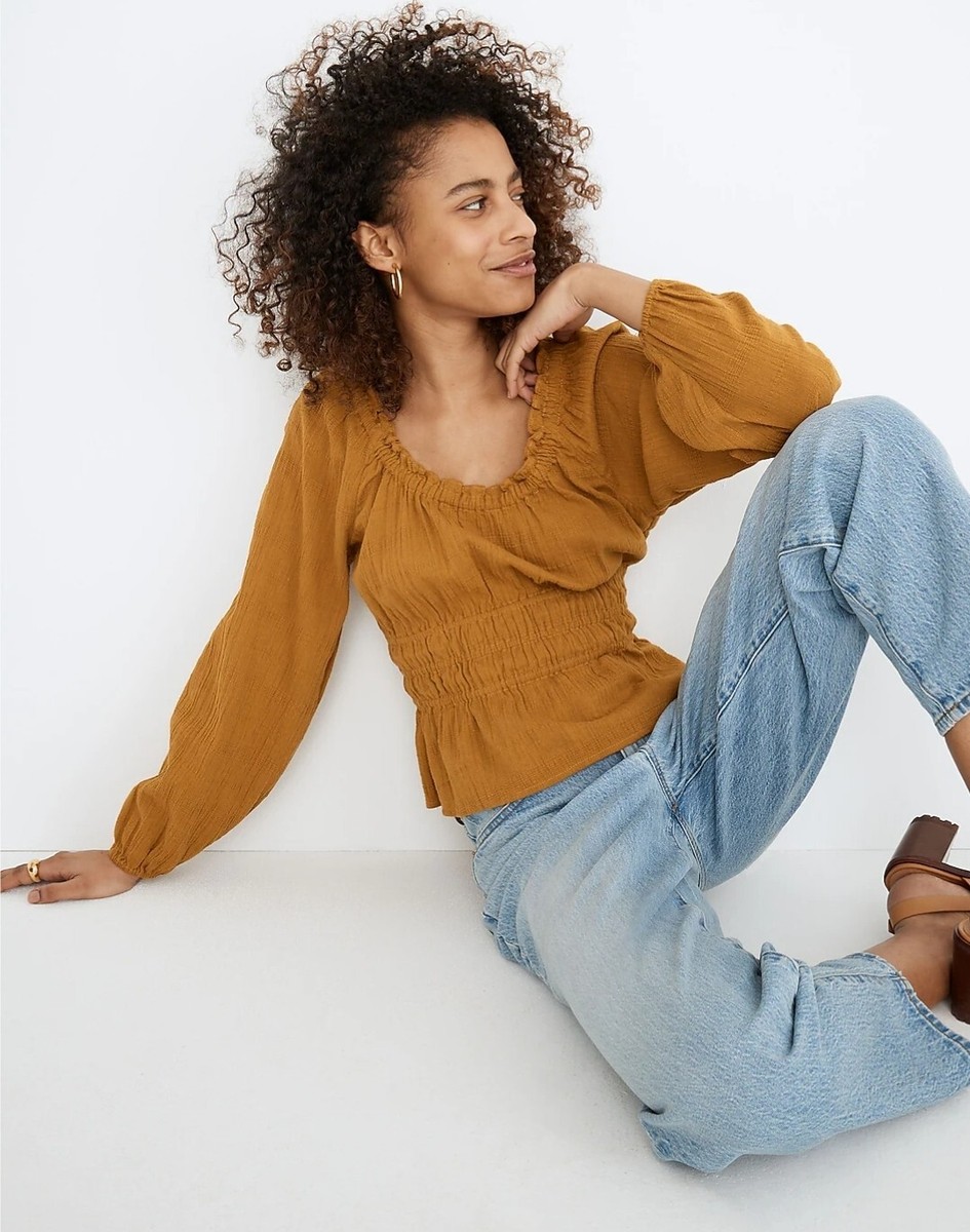 Madewell Sophia Top In Textured Plaid Antique Gold Size XS NE246
