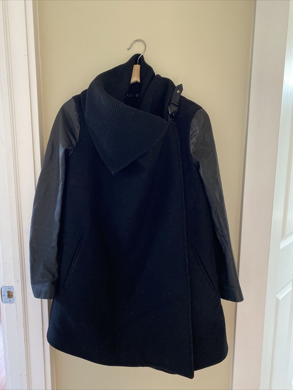 AllSaints Ace Monument Wool Coat Black Leather Sl… - image 1