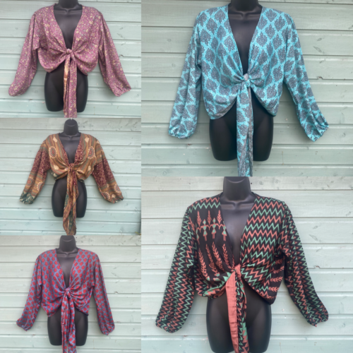 Vegan Silk Sari Wrap/Tie tops Free Size- Boho Hippy Festival Nomads Wales - Picture 1 of 26