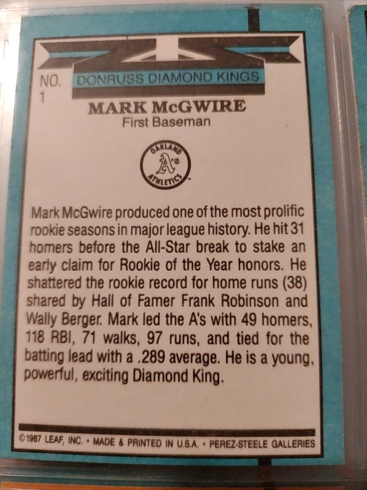 1987 Donruss Diamond Kings Mark McGwire No. 1 error Baseball Card - Image 2 of 2