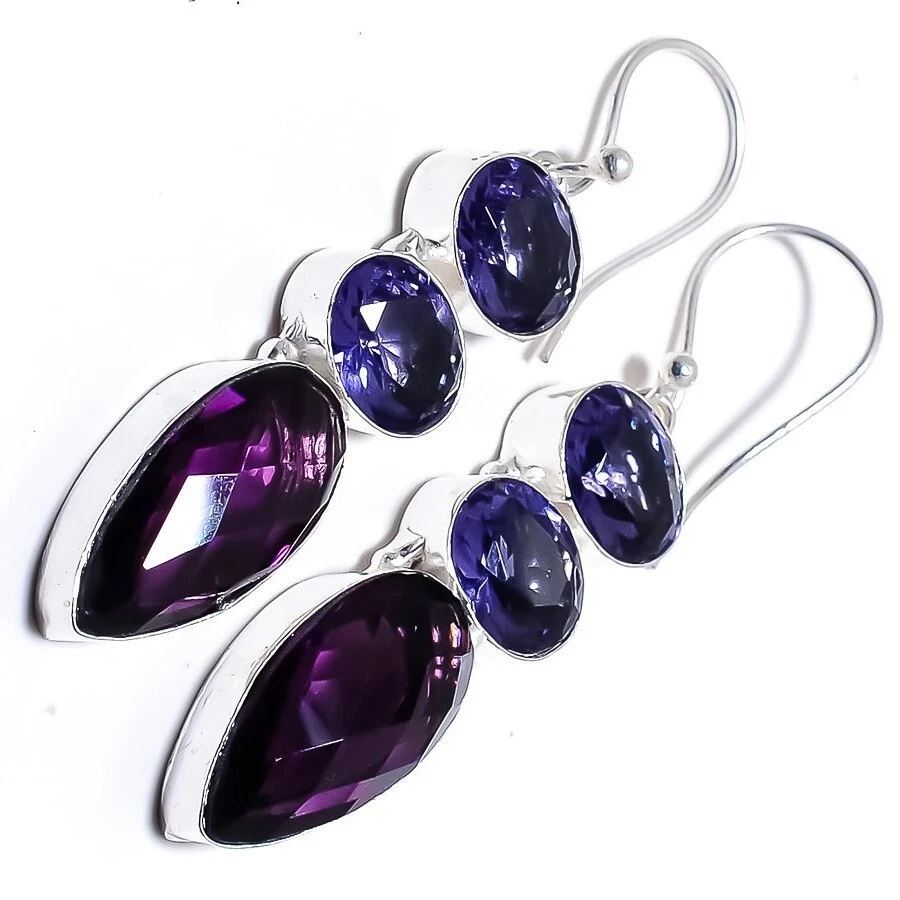 African Amethyst Gemstone Handmade 925 Sterling Silver Jewelry Earrings 2.10" - Image 2 of 4