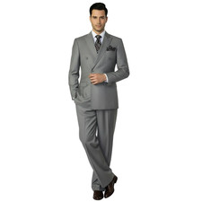 Men Apollo King Double Breasted Suit Classic Peak Lapel Soft Blend DM23 Gray