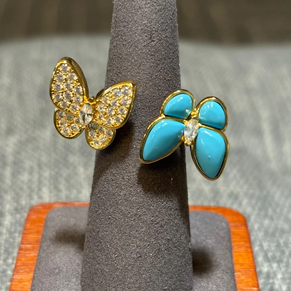 Anillo abierto mariposa, 2 dedos, estrás turquesa dorado, talla única, nuevo Foto 2 de 4