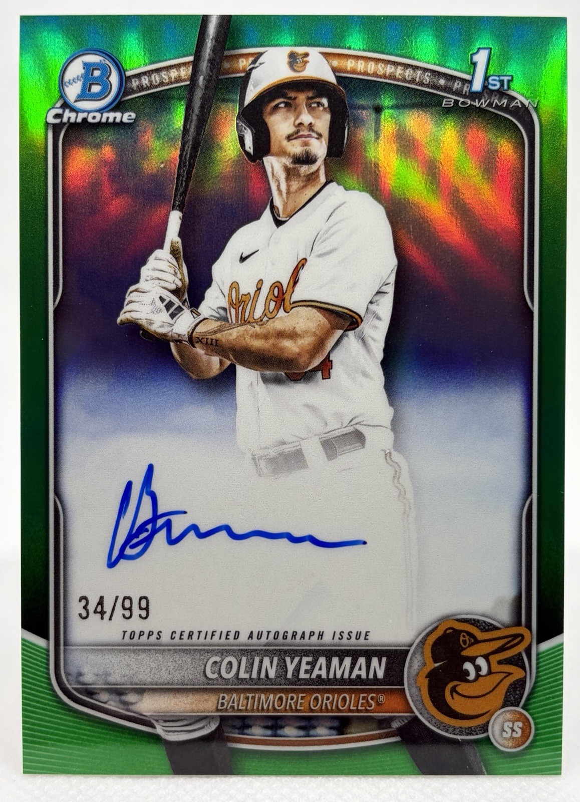 2025 Bowman Draft Chrome Green Refractor Colin Yeaman /99 Auto 1st Orioles