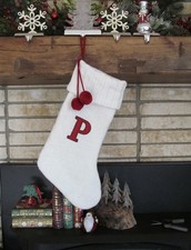 TARGET Wondershop Monogrammed Red P Off White Knit Christmas Stocking Pom Poms