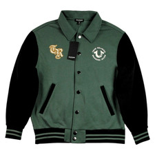 NWT True Religion Collared Patch Fleece Varsity Jacket, green/ black sz Medium