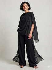 ESKANDAR Black 100% Silk Wide Leg Trousers - Architectural Panel Design Sz 0