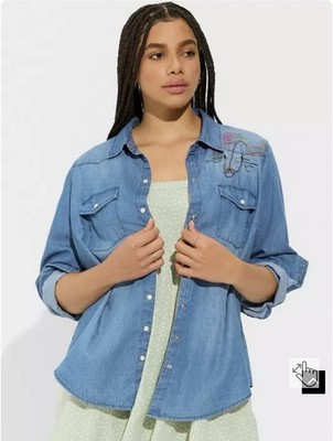 Torrid Shirt Denim Western Embroidery Button Up Shirt Size 3