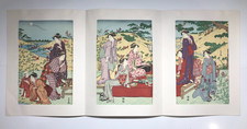 Shuncho Woodblock Reprint Triptych: Listening to insects Ukiyo-e