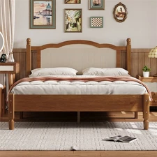 Vintage Queen Size Wooden Platform Bed w/Rattan Headboard & Slat Support,Walnut 