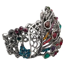 Vintage Silver Tone Multi-Colored Rhinestone Peacock Hinged Cuff Bracelet A1010J
