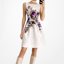 Vintage Y2K Beige Nude Sleeveless Floral Knee Length Skater Flared Dress Size M