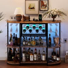 Wine Bar Rack Cabinet with Power Outlet and LED Lights, 4-Tier Storage Home B...