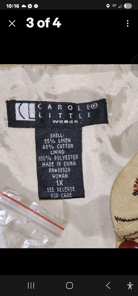 Carole Little Vintage Embroidered Brown Lined 3/4 Coat With Mandarin Collar 1X - Image 3 of 4