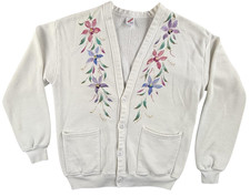 Vintage Jerzees Cardigan Sweater Womens One Size White Floral Pockets USA Made