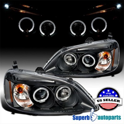 Fit 2001-2003 Honda Civic Projector Headlights Head Lamp Black 01-03 Replacement