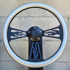 14 Black Flame Steering Wheel With Silver Vinyl Wrap And Plain Horn Button