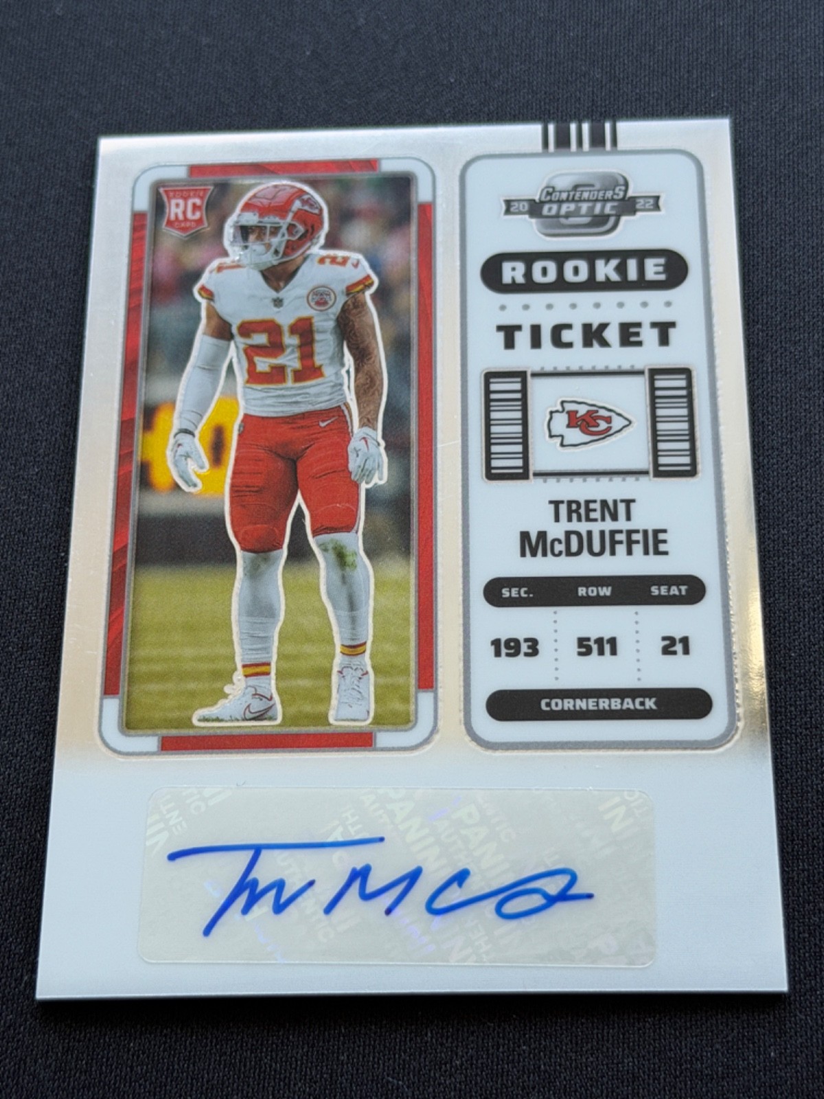 2022 Panini Contenders Optic Rookie Ticket #199 Trent McDuffie RC AUTO CHIEFS