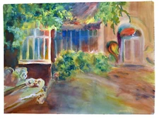 30" Watercolor Painting Paper Carolynn Mann Art Old Manor House View Rustic 