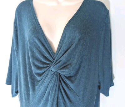 Lane Bryant 3X Twisted Front Top Blue Green V-Neck Stretch Knit 22/24 