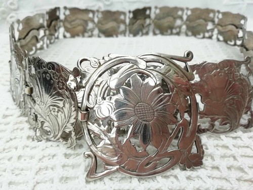 Antica cintura infermiere Art Nouveau EPNS placcata argento farfalle fiori