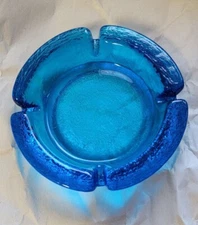 Vintage Bright Blue Glass Textured Round Ashtray
