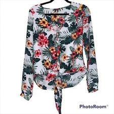 GUESS small high low tie front blouse v neck long sleeve button front floral
