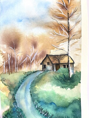 Original Aquarell Kunst, Frühling, Herbst Landhaus 
