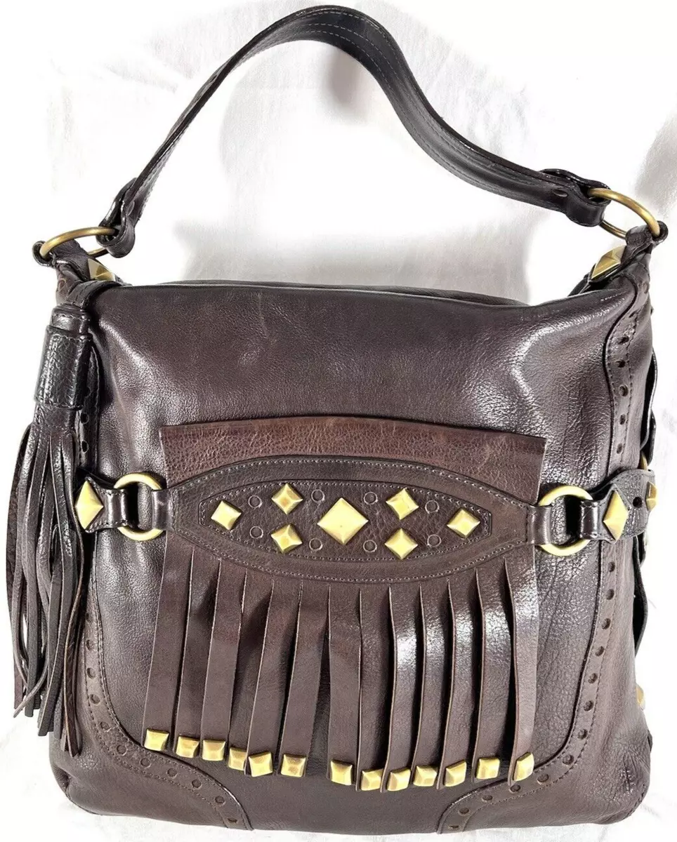 MICHAEL KORS Brown Leather Fringe Studded Tassel Shoulder Bag Made in Italy