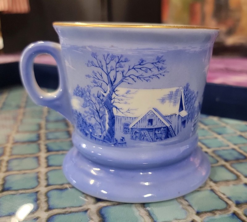 Vintage Blue Currier & Ives The Farmer's Home Winter Shaving Drinking Mug Cup