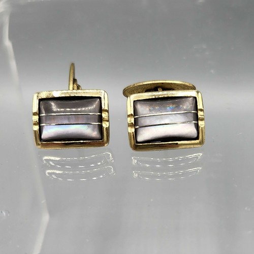 Art Deco Banded Abalone MOP Shell Cabochon Gold Plated Pivot Link Cufflinks