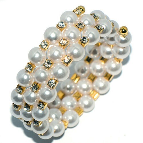 Hübsches Gold dreireihiges Mode Schmuck weiß Perle Kristall Memory Draht Armband - Bild 2 von 5