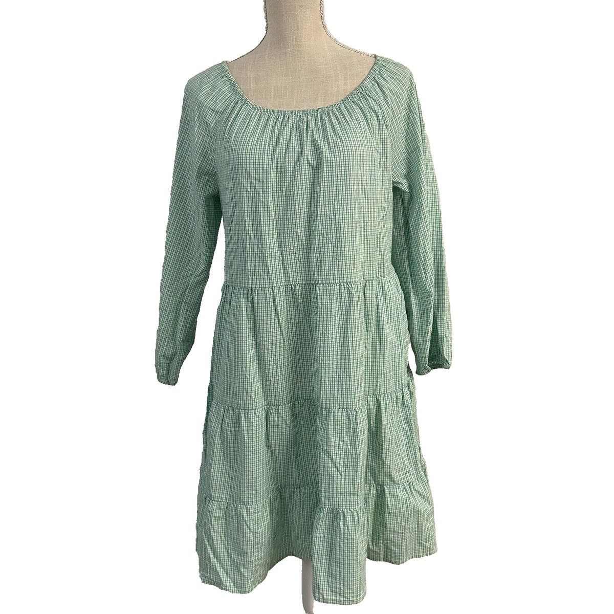 J Crew Factory Womens XS Gingham Cotton Poplin Raglan Tiered Mini Dress Green J Crew Factory Womens XS Gingham Cotton Poplin Raglan Tiered Mini Dress Green