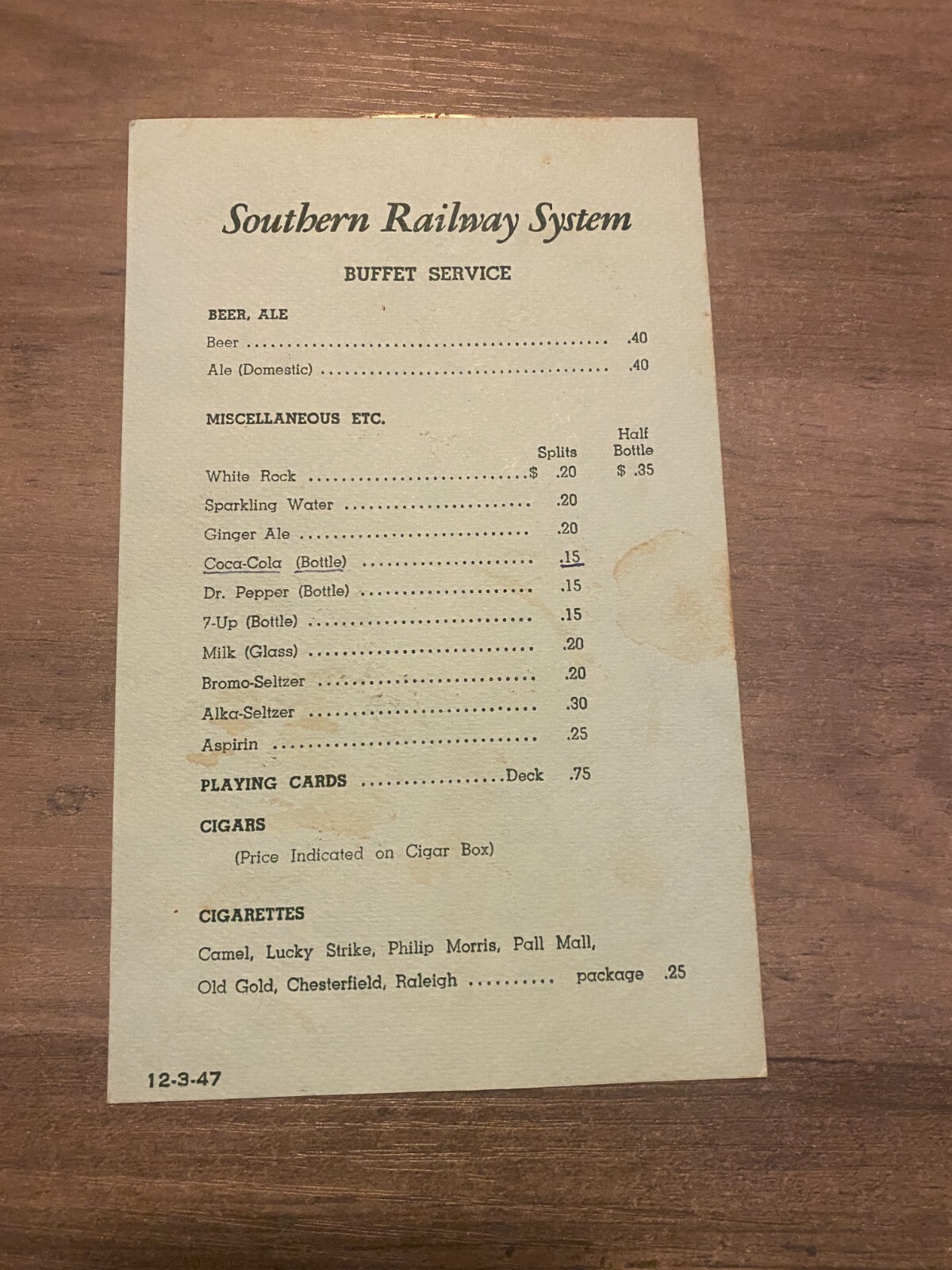 SOUTHERN RAILWAY SYSTEM Buffet Service Menu 1947
