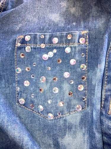 Justice Blue Jean Shirt Juniors Size 20 Button Up Rhinestones Bleach Washed - Picture 7 of 19