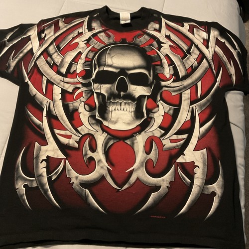 Vintage 1998 Liquid Blue Fantasy Skull Skeleton Red Big Graphic Shirt USA 2xl