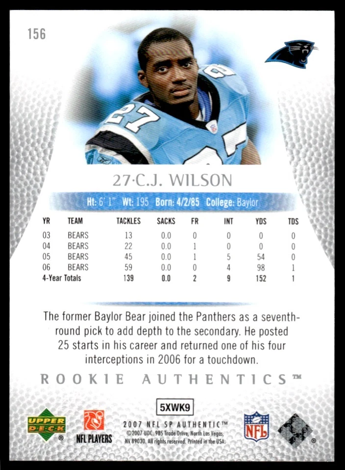 2007 SP Authentic C.J. Wilson Rookie 0259/1399 Carolina Panthers #156 R97 - Image 2 of 2