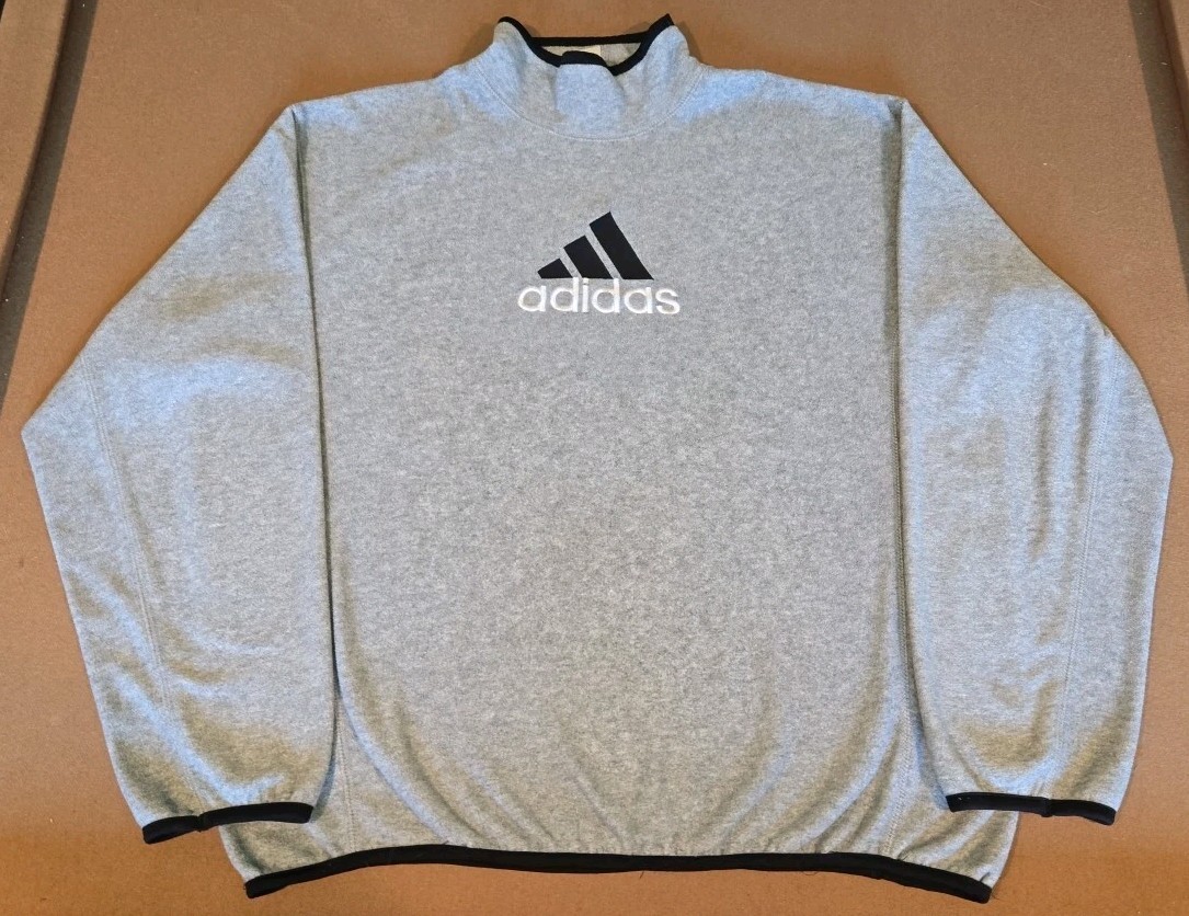 Vintage Adidas Sweatshirt Men L Gray Fleece Pullover Mock Neck Embroidered 90s