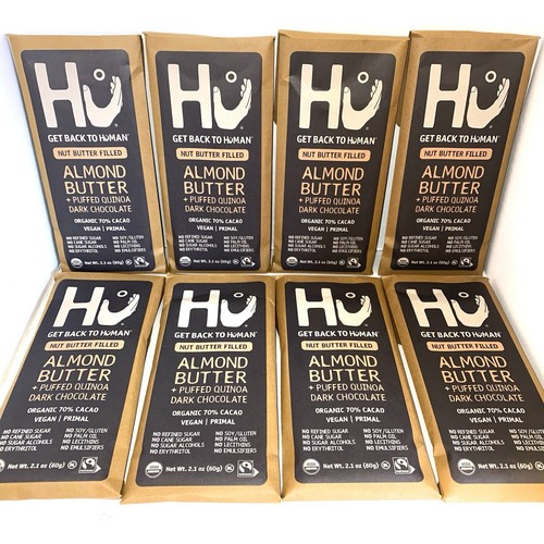HU ~ Organic Paleo ALMOND BUTTER + PUFFED QUINOA ~ 8 Dark Chocolate Bars