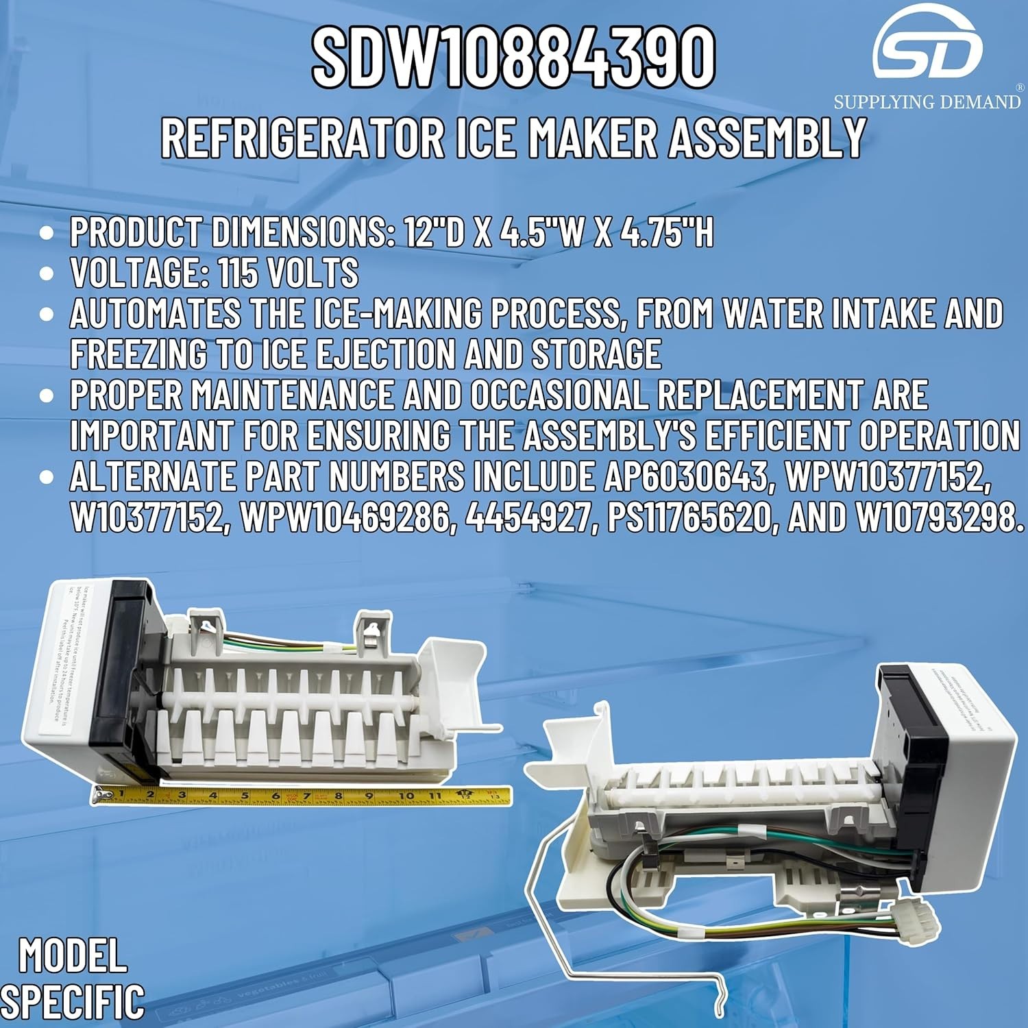 NEW Supplying Demand W10884390 Refrigerator Ice Maker Assembly Whirlpool Kenmore