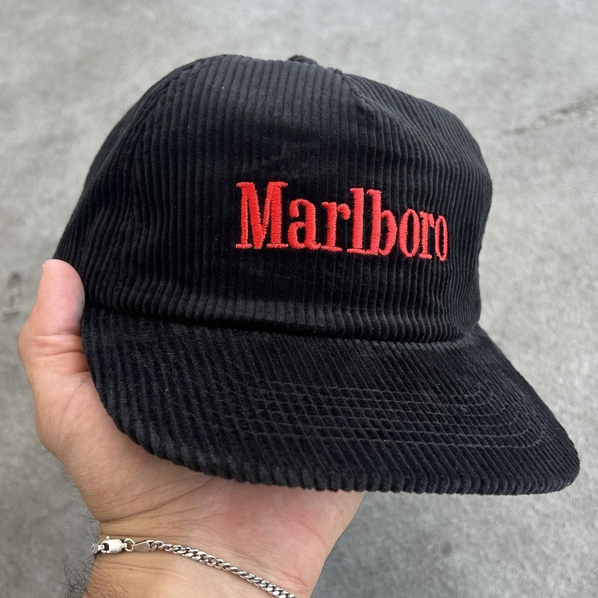 Vintage Marlboro Snapback Corduroy Hat Black Cap Cigarettes Rare