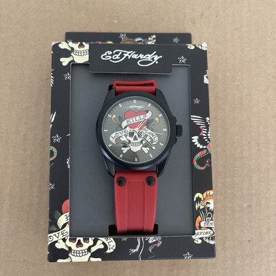 d Hardy Men's Matte Black with Engraved Texture Silicone Red Strap