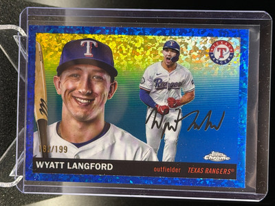Wyatt Langford 2025 Topps Chrome Platinum Blue Mini-Diamond #182/199 - Rangers