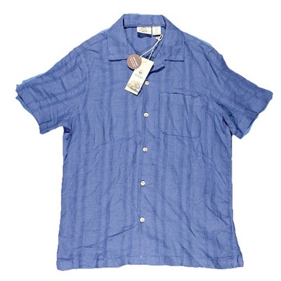 Panama Jack Mens Small Blue Linen Blend Textured Stripe Camp Button Up Shirt