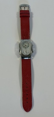 Philip Stein Women Watch Dual Time Zone Natural Frequency Red Leather Strap