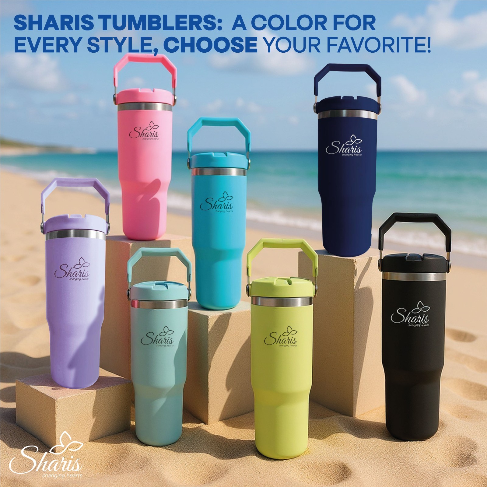 SHARIS Tumbler with Top Handle-Tumbler with Flip Straw-Insulated water bottle