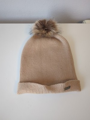 Steve Madden Winter Beanie Hat Tan Cuffed With Pompom One Size