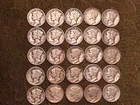 MERCURY DIME 90% SILVER LOT OF 25 1935-1945