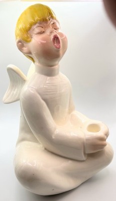 Vintage Ceramic Sitting Weiss Boy Singing Angel Candle Holder 10.5 Inches (z496)